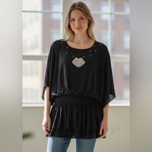 YDA Black Embellished Batwing Top – One Size – Boho Chic Dolman Sleeve